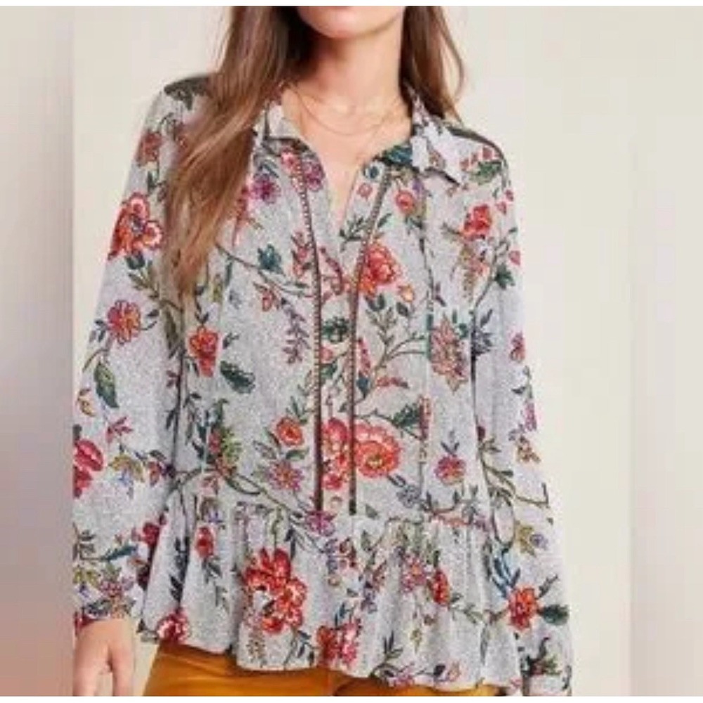 Maeve Anthropologie Janie Flounce Hem Button Up Polka Dot Floral Blouse Size 0 - Picture 2 of 11